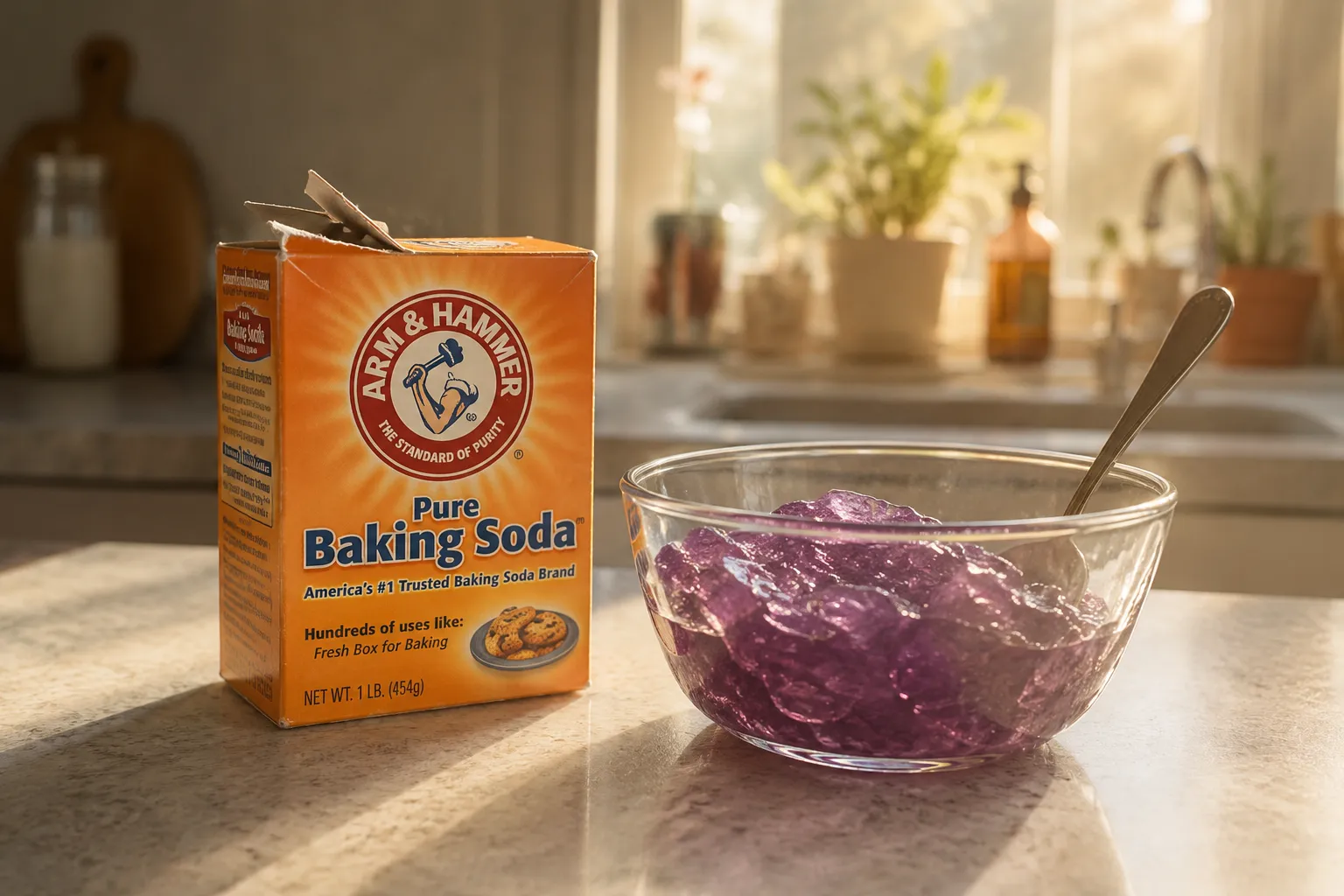 An orange box of baking soda on a kitchen counter beside a glass bowl of bloomed gelatine, soft morning light